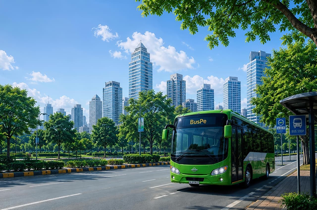 A green BusPe-branded bus on a Delhi road
